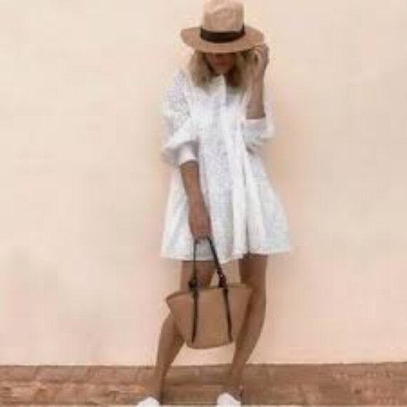 Zara Mini Dress Eyelet Babydoll White Button-Down Front Ruffle XS NEW - Picture 7 of 7